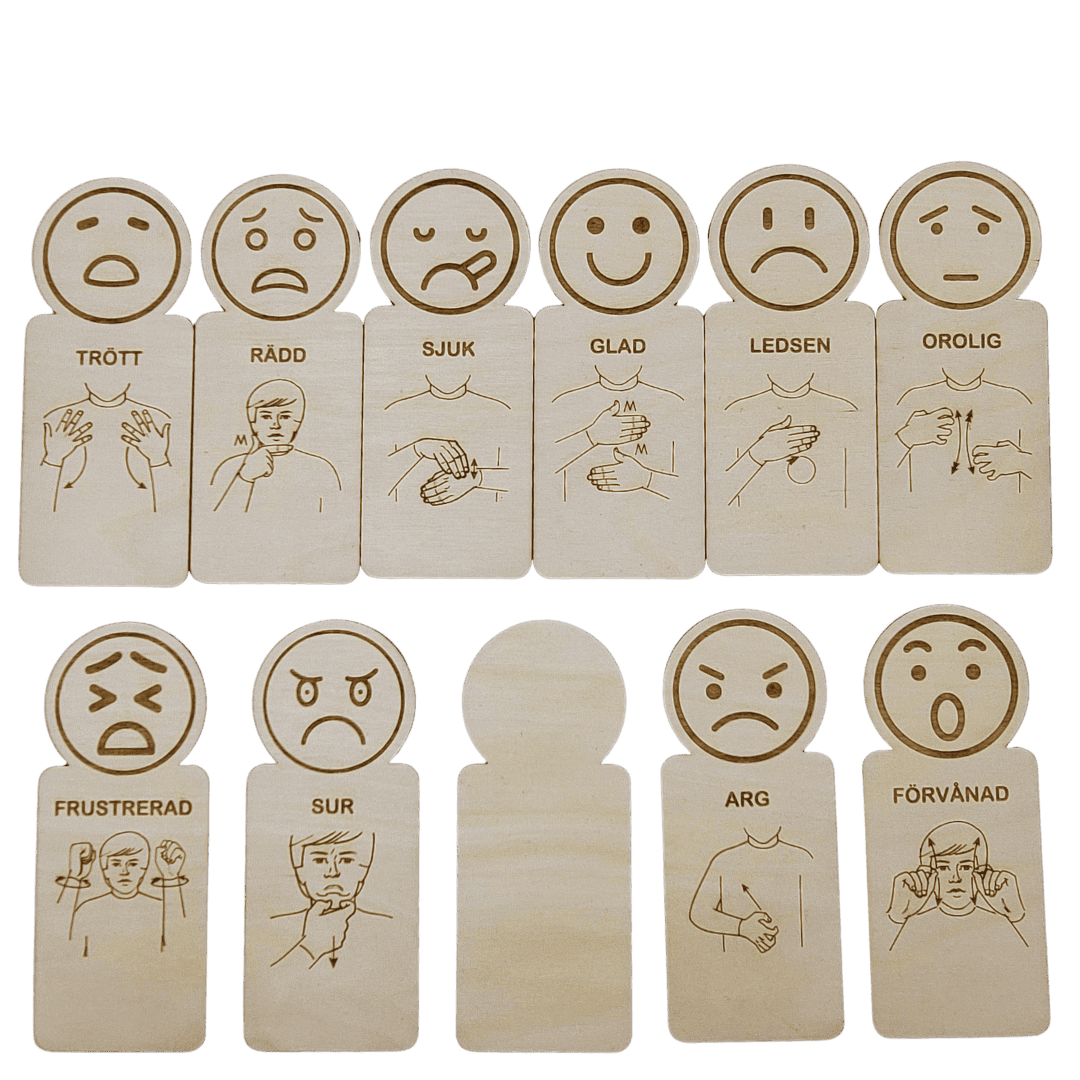 11 feeling cards with sign language in Swedish