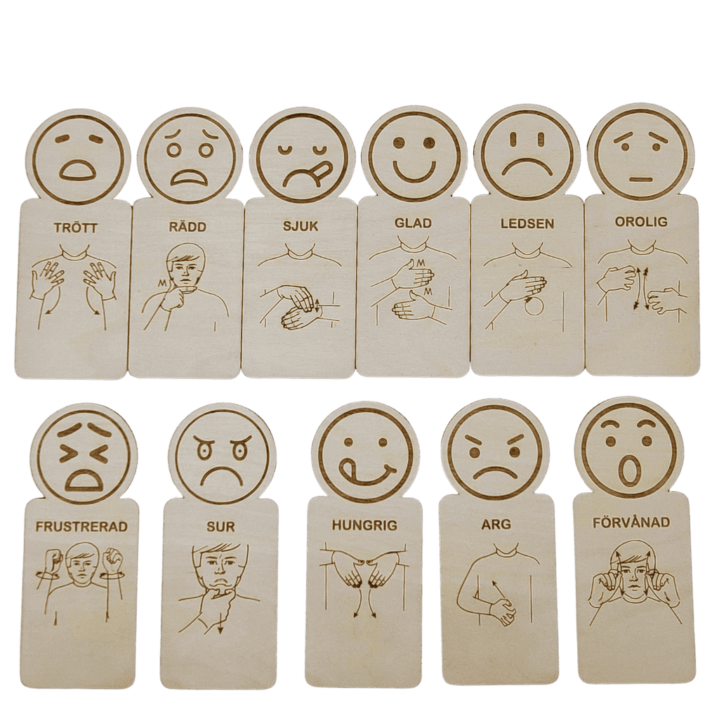 11 feeling cards with sign language in Swedish