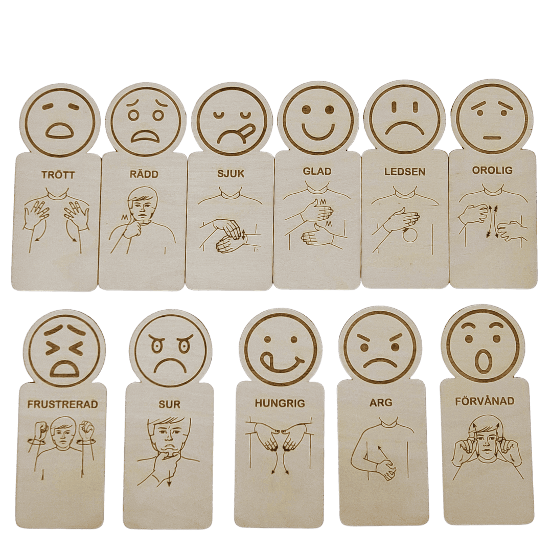 11 feeling cards with sign language in Swedish