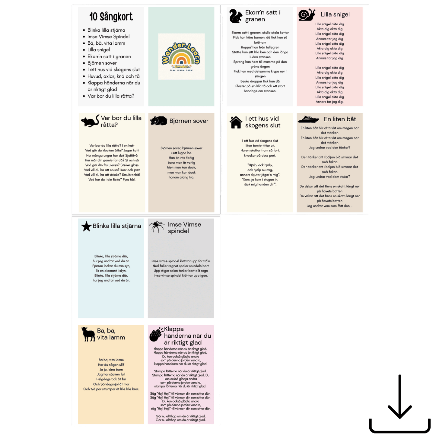 10 Sångkort – Digital nedladdning | PDF & PNG | Klassiska barnsånger med symboler och naturliga färger